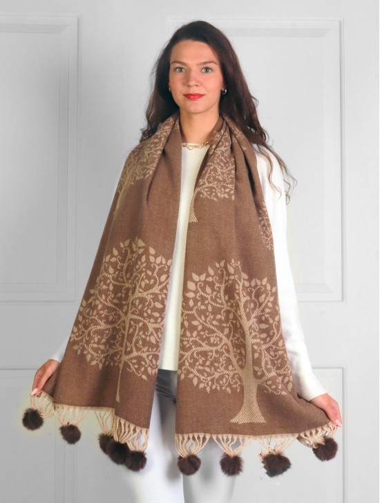 Cashmere Feeling Tree of Life Scarf with Pom-Poms